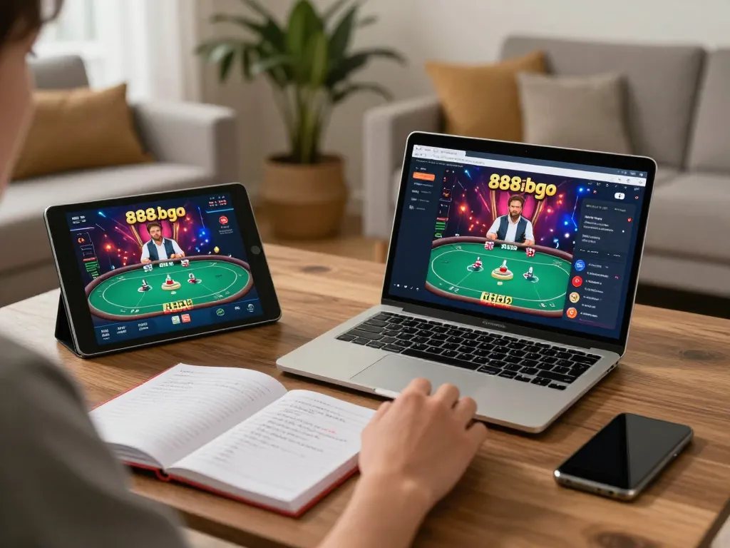 Engaged player reviewing gambling strategies with online casino app at 888bgo in a cozy setting