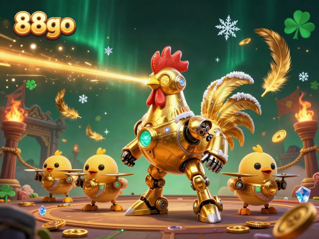 Engage in thrilling casino gameplay with the vibrant scene of 88go’s dynamic golden rooster and baby chick drones.