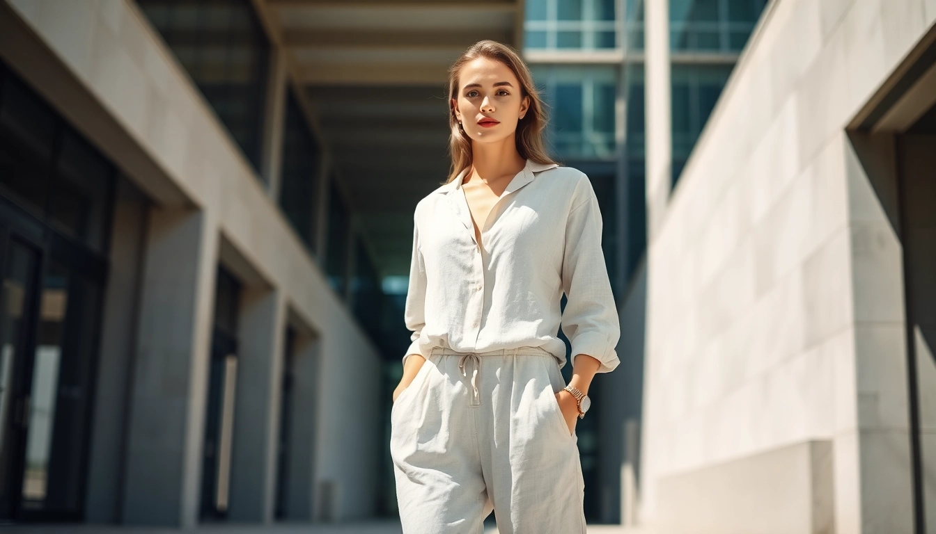 High Quality Clothing Manufacturer featuring elegant linen apparel showcased by a professional model.