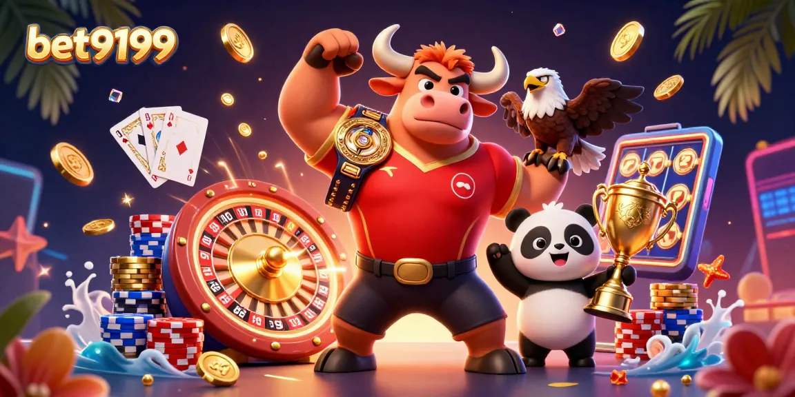 Experience the excitement of bet9199 with a vibrant 3D casino scene featuring engaging characters and games.