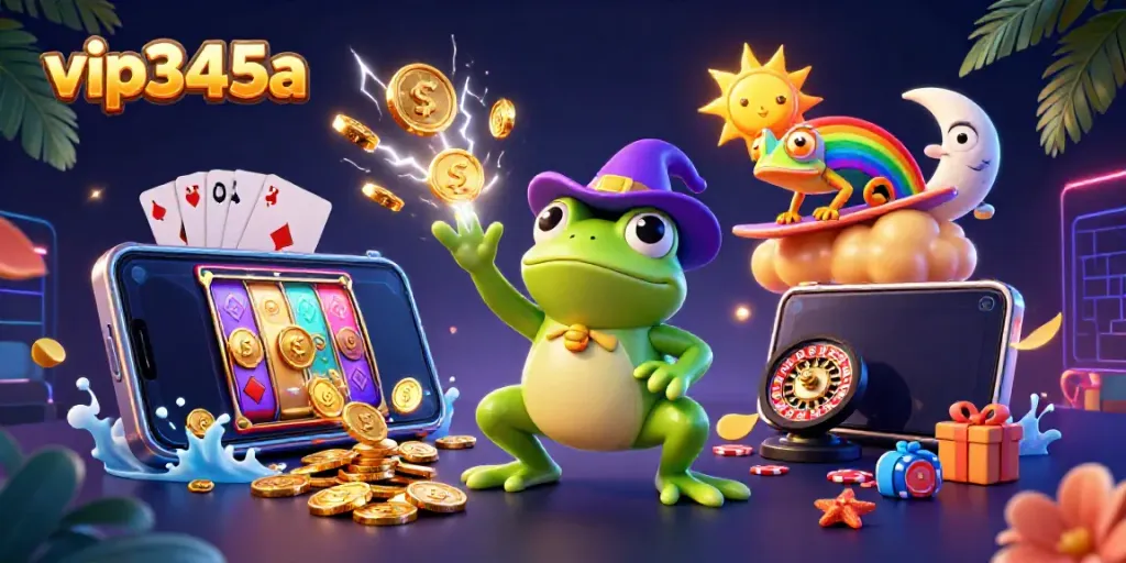 Spin the reels and collect golden coins with vip345a in this vibrant casino-themed digital illustration.