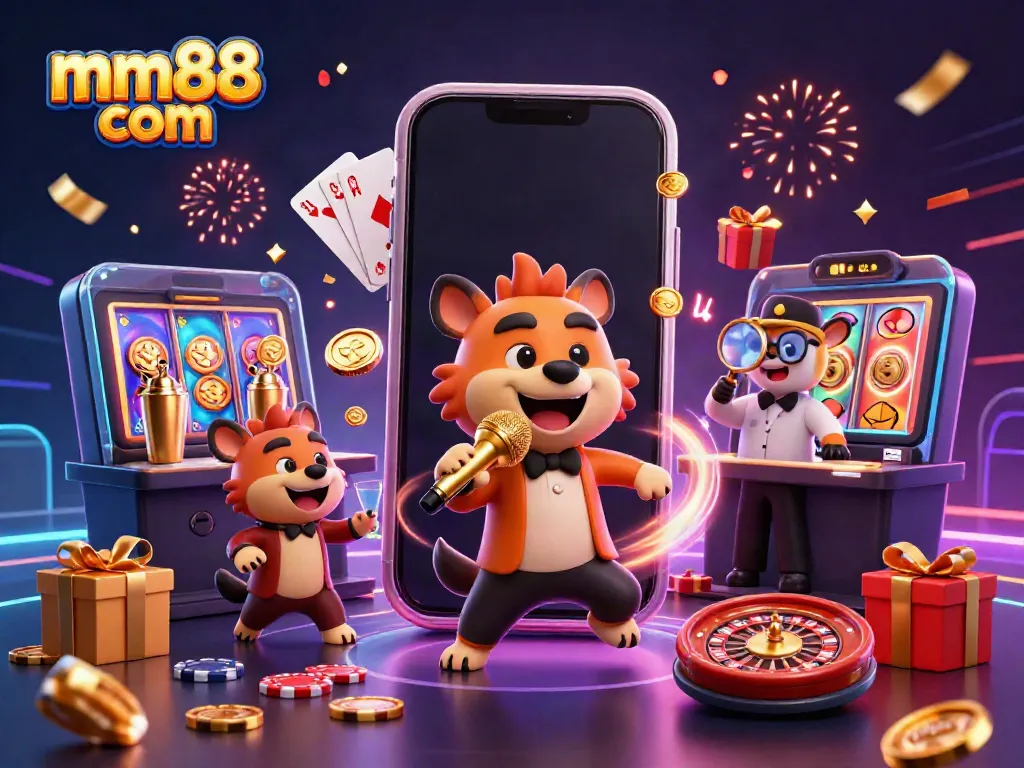 Engage in vibrant fun at mm88 com: a casino comedy club scene with hyenas performing.