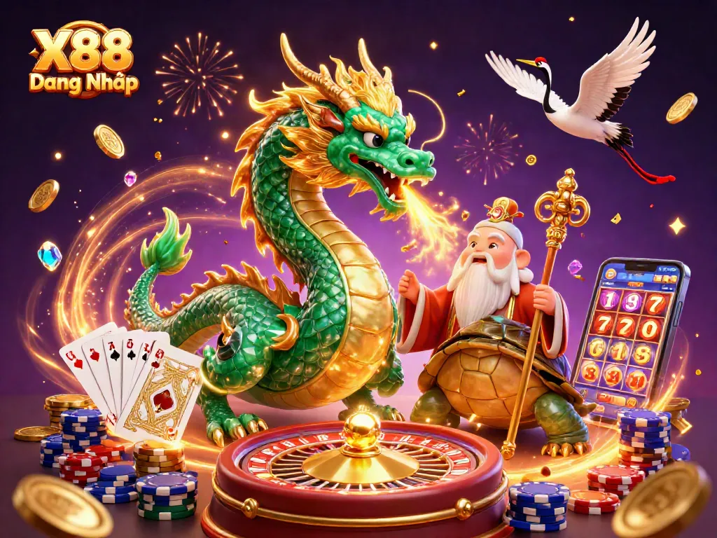 Play thrilling games at X88 Đăng Nhập with dazzling dragons, coins, and vibrant casino elements.