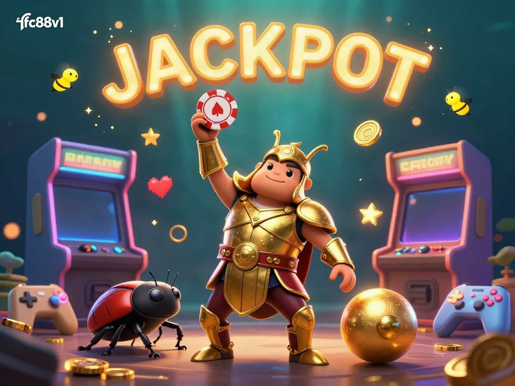 Experience excitement with fc88v1 as the victorious beetle lifts a poker chip amidst vibrant casino elements.