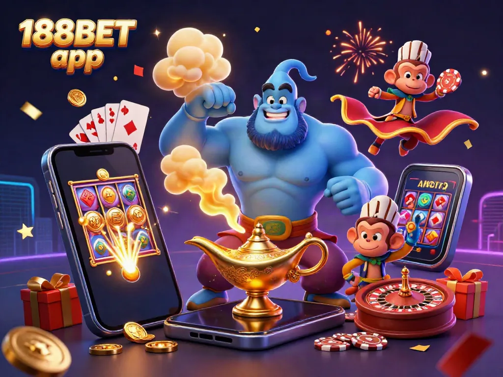 Experience the excitement of the 188BET app with a genie, poker chips, and a vibrant casino atmosphere.