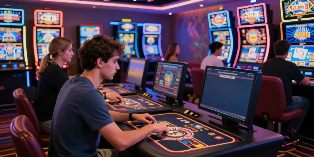 Engaging scene of players at a virtual casino, showcasing https://fc88v1.com/ exciting gambling experience.
