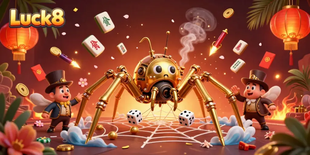 Luck8's dynamic casino scene with a golden spider and game elements, encapsulating excitement for players.
