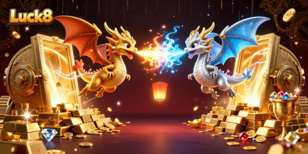 Engage in exciting casino adventures at Luck8 with dynamic dragons, treasure, and vibrant elements.