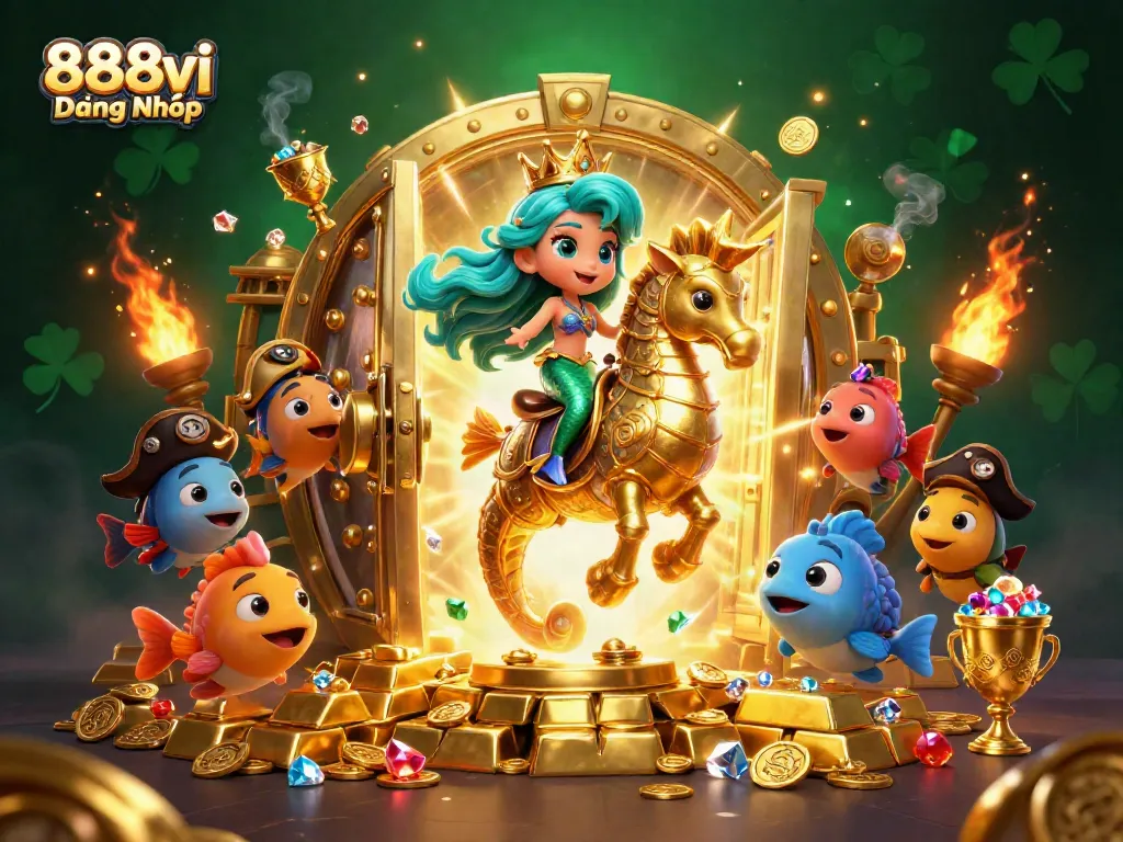Immerse in 888vi Đăng Nhập with vibrant treasures, mermaid, and casino elements.