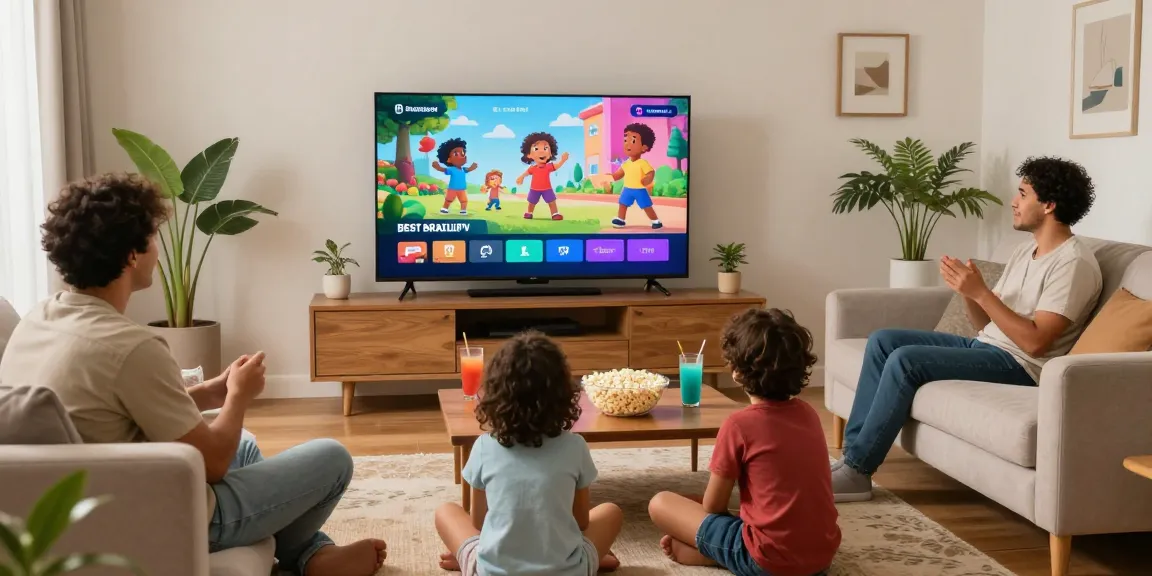 Família assistindo bestbraziliptv na sala de estar, criando momentos de diversão.