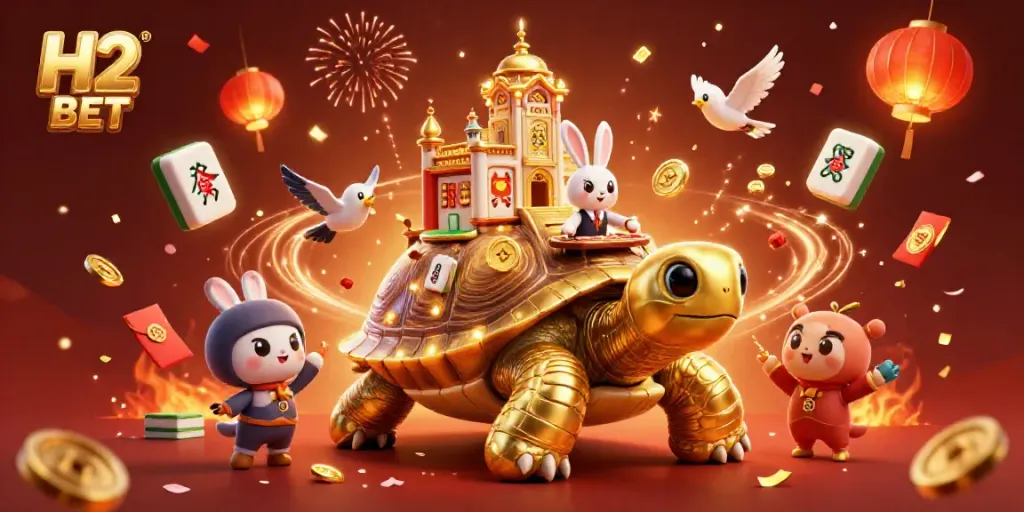Experience the vibrant energy of H2 BET with a dazzling casino scene featuring a golden tortoise and a rabbit dealer.