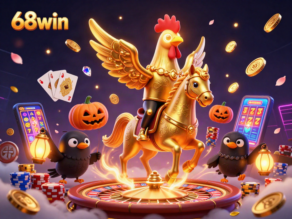 Join the excitement at 68win as golden coins cascade from a vibrant casino scene filled with shimmering jackpots.