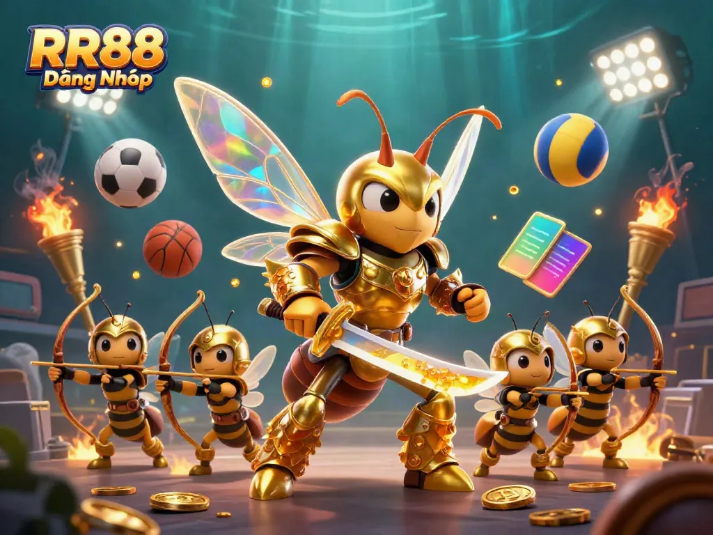 RR88 Đăng Nhập: Engage with a vibrant 3D casino scene featuring a giant hornet warrior and dynamic sports elements.