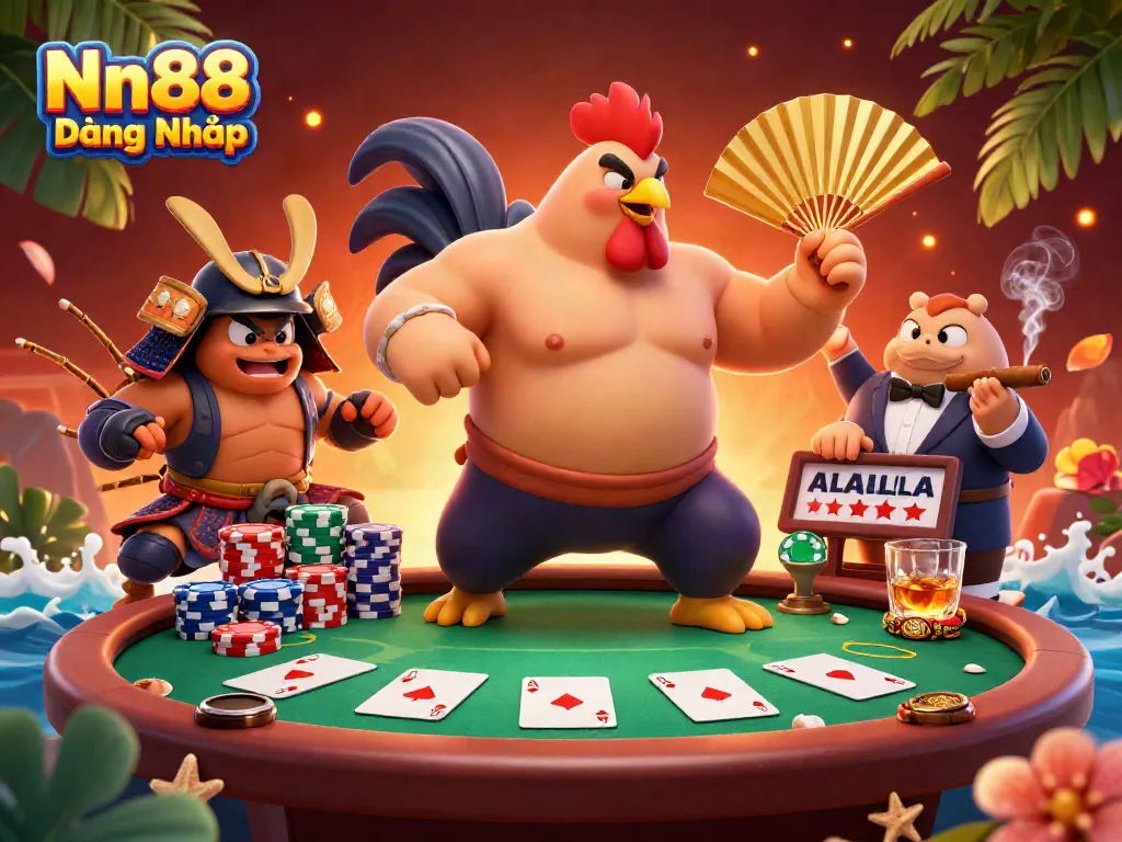 Nn88 Đăng Nhập feature showcasing a dynamic casino scene with a sumo wrestler rooster and samurai cricket surrounded by poker elements.