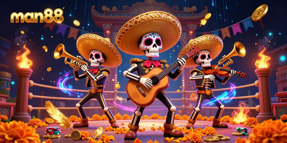 Man88 showcases a vibrant 3D mariachi band immersed in a lively casino atmosphere, generating excitement for players.