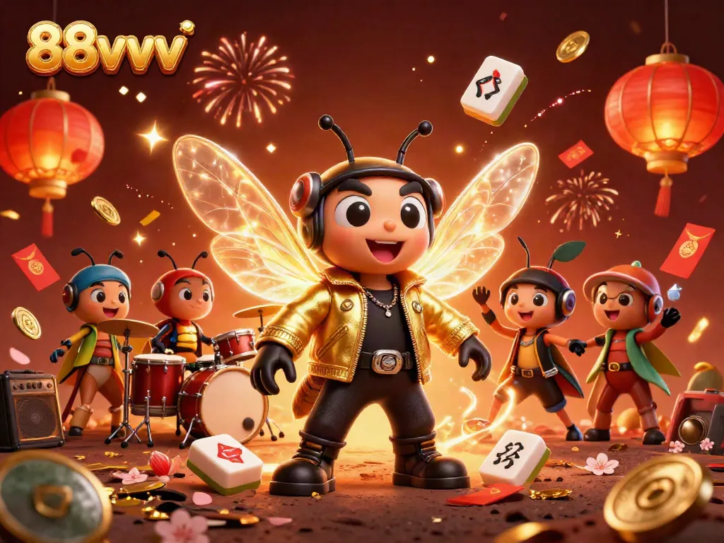Experience the excitement of 88vvv with a vibrant illustration featuring a cicada rock star and dynamic casino elements.