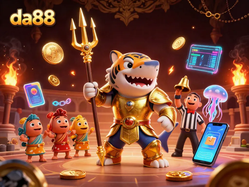 Experience action with da88's dynamic underwater casino scene featuring a golden gladiator shark and crypto elements.