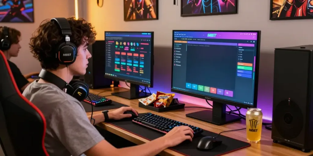 Exciting gaming setup showing a player engaging with NBET sports betting interface.