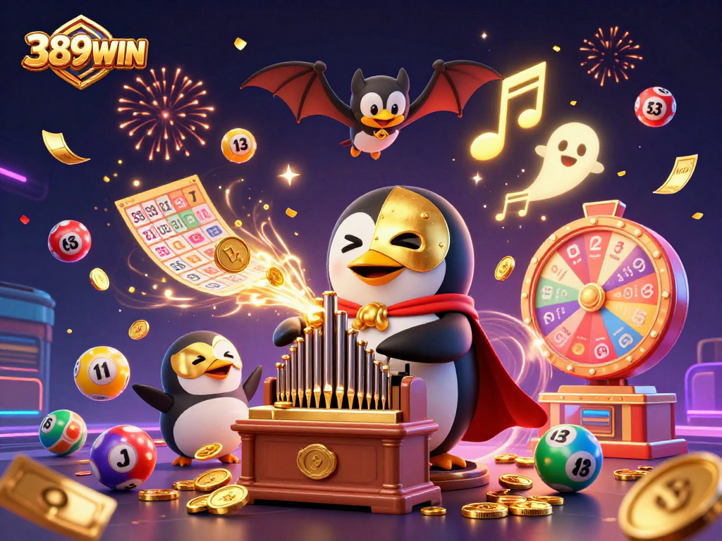 Experience 389WIN with a lively casino scene featuring colorful elements and a whimsical penguin playing an organ.