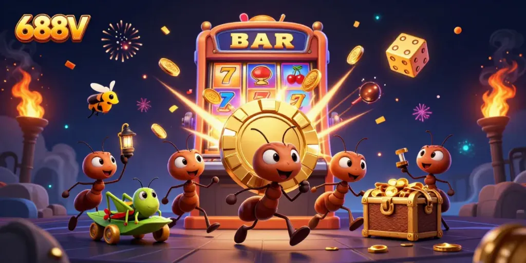 Experience the excitement of winning at 688V with ants carrying a giant poker chip in a vibrant casino scene.
