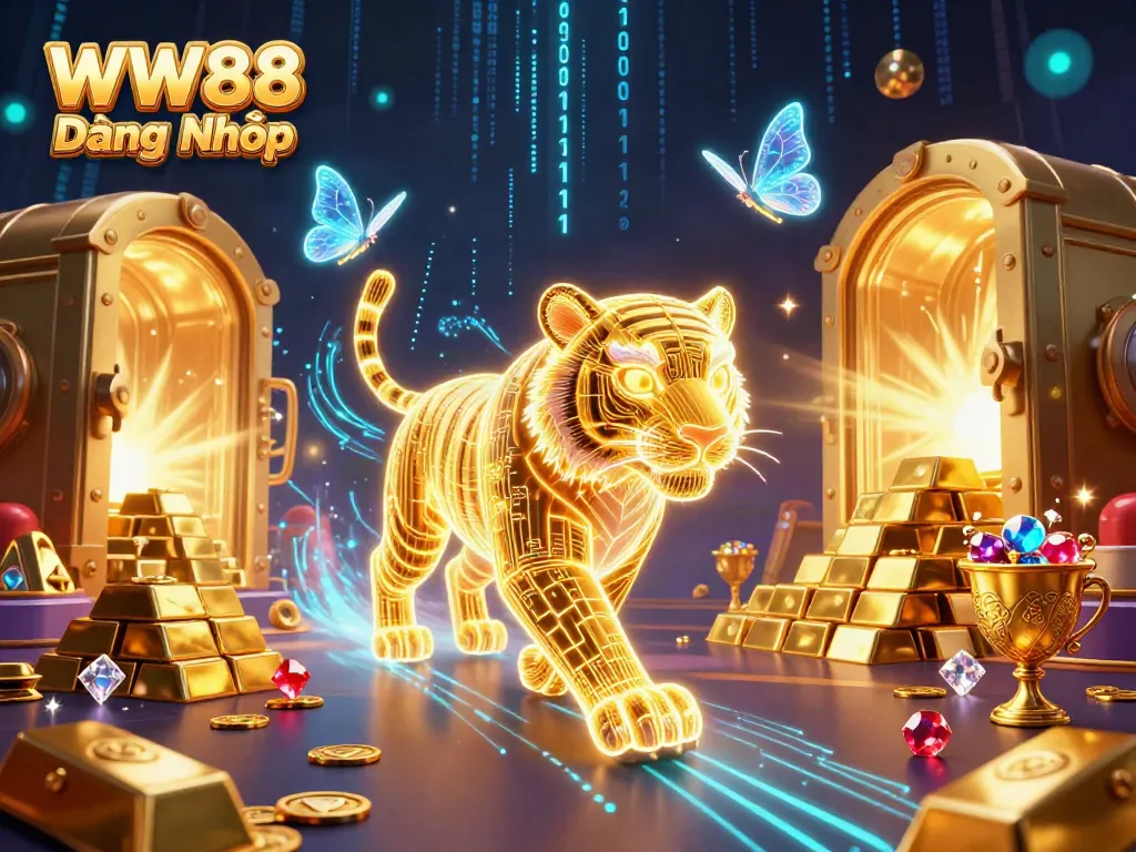 Experience the thrill of WW88 Đăng Nhập with a vibrant 3D casino scene, featuring a magical neon golden tiger.