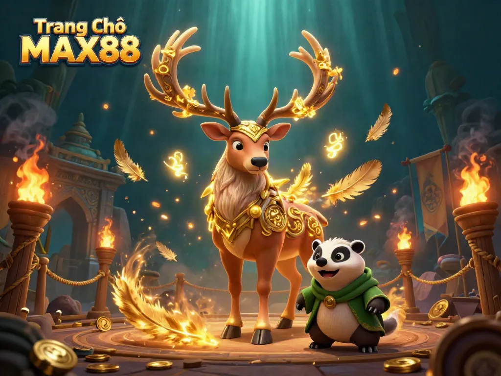 Engage in magical gaming with Trang Chủ MAX88, featuring animated druid stag and badger in a vibrant casino scene.