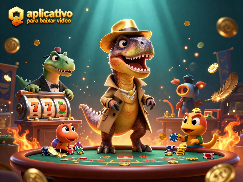 Playing cards, chips, and a velociraptor at a blackjack table illustrate an aplicativo para baixar vídeo.