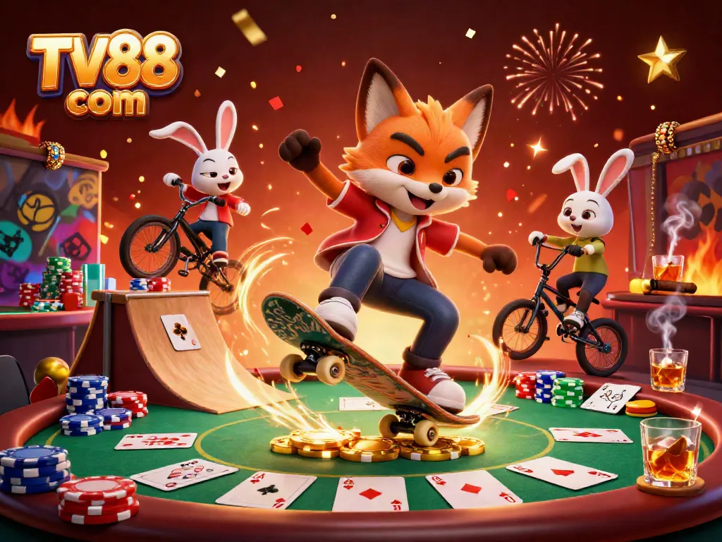 Experience thrilling gaming at TV88 com with 3D cartoon characters surrounded by poker and casino elements.