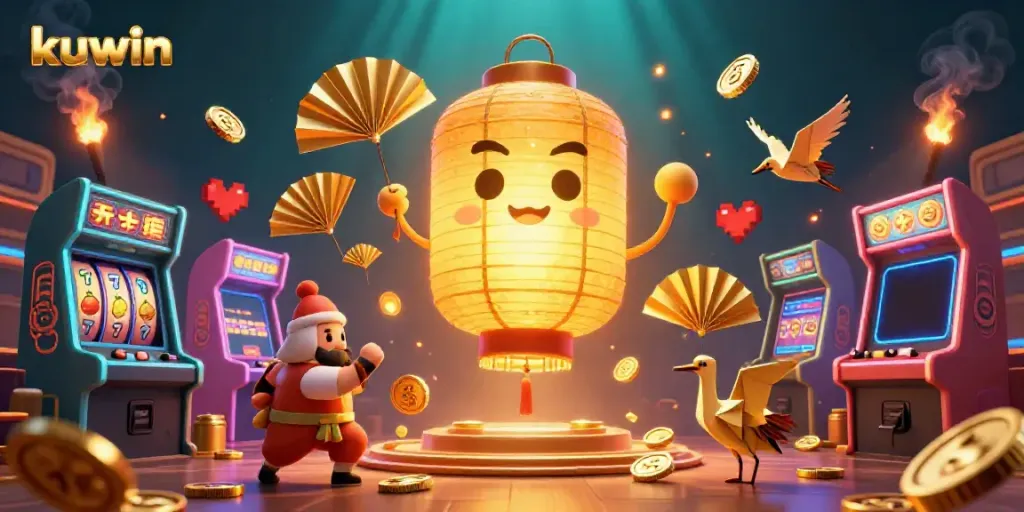 Engage with kuwin's vibrant casino scene featuring a glowing lantern spirit and arcade games