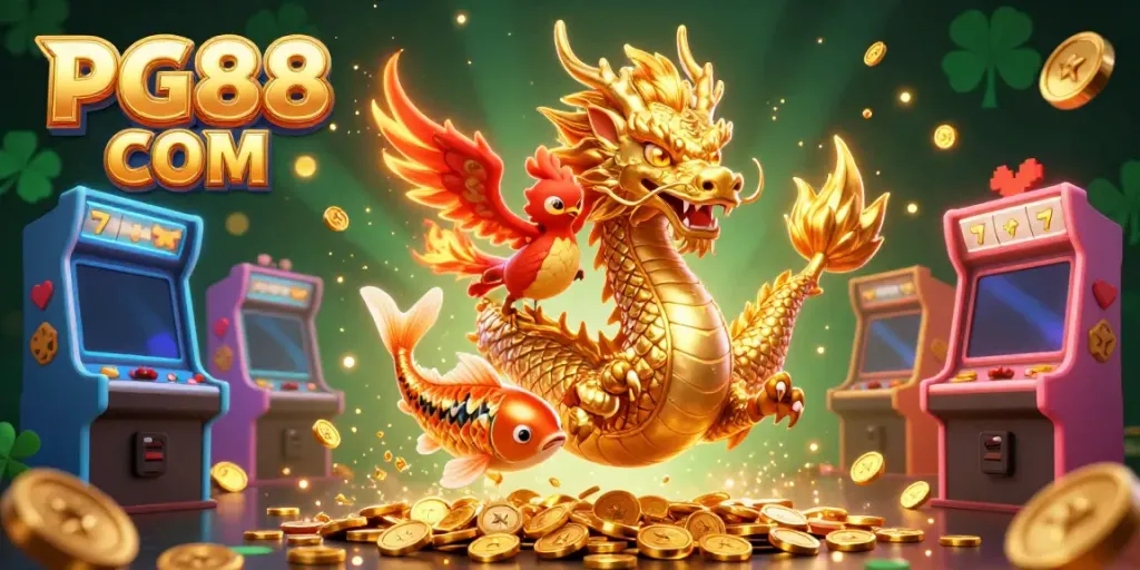 Engage in thrilling gameplay at PG88 COM with a dynamic 3D illustration featuring a golden dragon and vibrant game elements.
