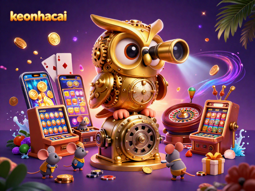 Unlock exciting wins with the keonhacai 3D casino illustration featuring playful characters and vibrant game elements.