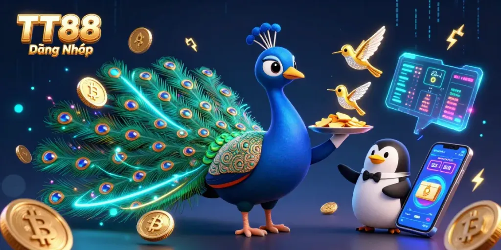 Experience TT88 Đăng Nhập with dazzling casino elements and characters in dynamic 3D illustration.