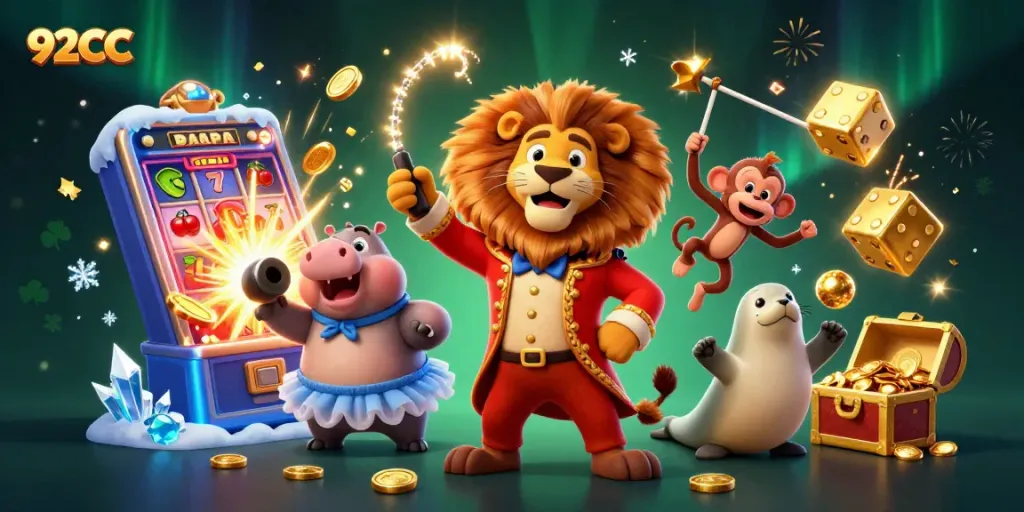 Spin the reels and win big with 92CC in this vibrant casino-themed illustration featuring dynamic characters.