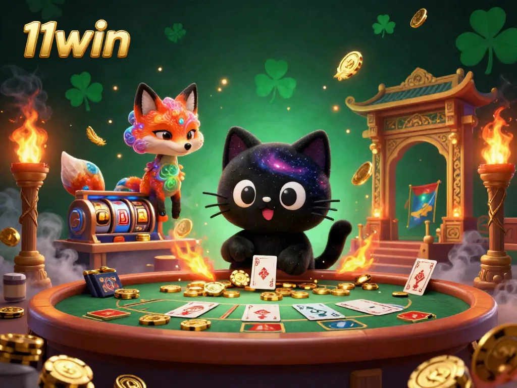 Experience thrilling gameplay with 11win at a vibrant cosmic casino featuring a black hole cat and colorful nebula fox.