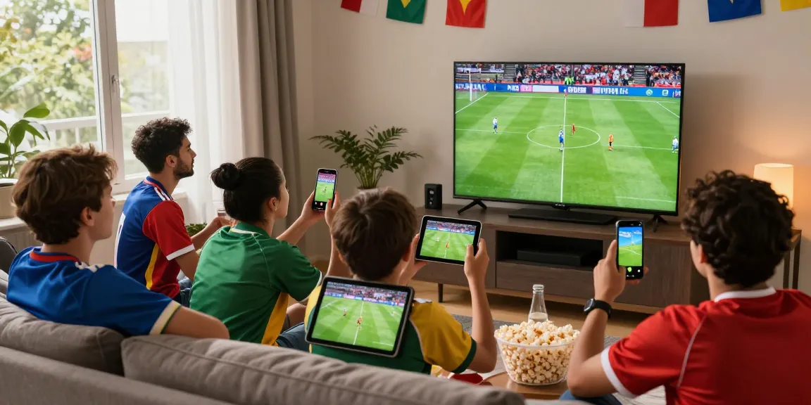 Multicanais football streaming scene with fans enjoying live matches on multiple devices.
