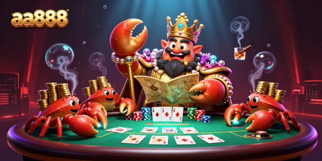 Experience the vibrant world of aa888 with a golden crab emperor commanding a lively poker scene full of chips and cards.
