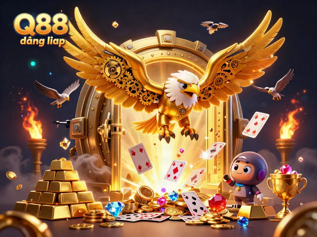 Experience thrilling Q88 đăng nhập action in a vibrant 3D casino scene with golden eagles, playing cards, and treasure.