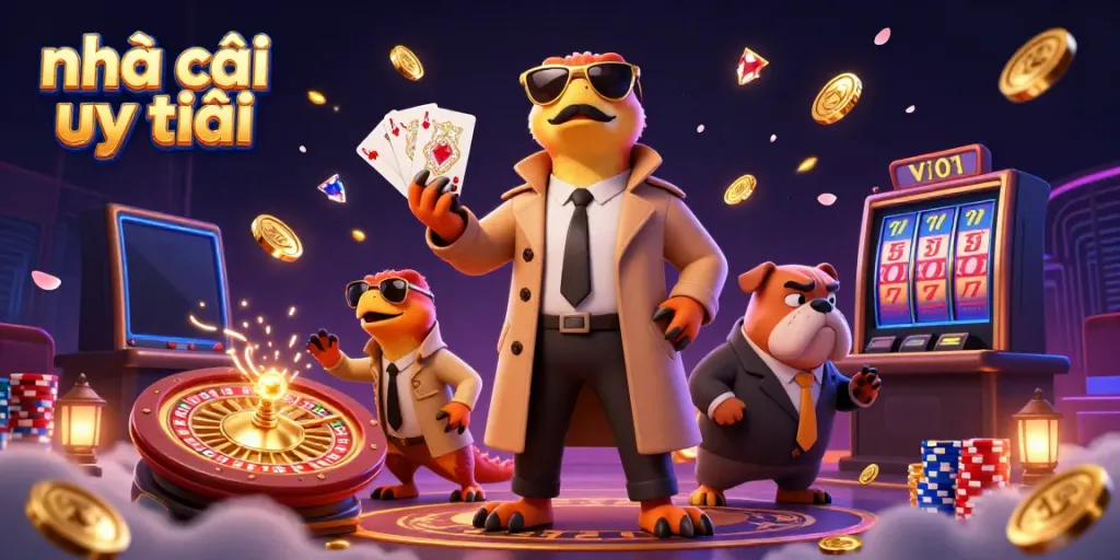 Experience the thrill of nhà cái uy tín with raptors in a trench coat entering a VIP casino lounge amidst golden coins and gems.