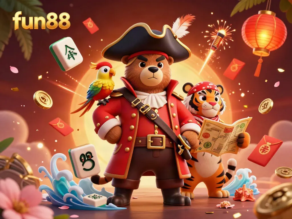 Experience fun88 with a lively scene of a pirate captain bear, a fierce tiger, and treasure elements that celebrate gaming culture.