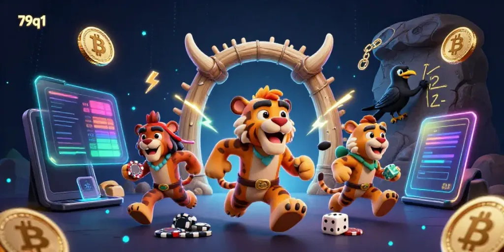 Enjoy thrilling gaming at 79q1 with a vibrant prehistoric casino scene featuring unique characters and elements.