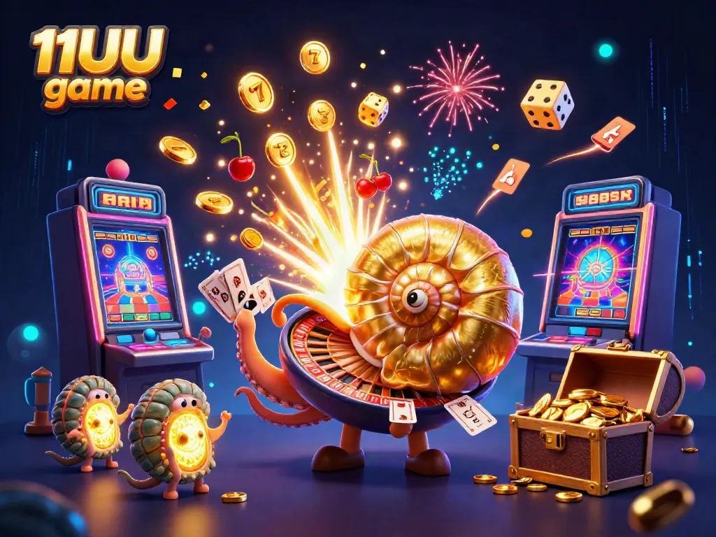 Engage in thrilling 11UU game action as a giant nautilus spins a roulette wheel while bursting slot machines overflow with coins.