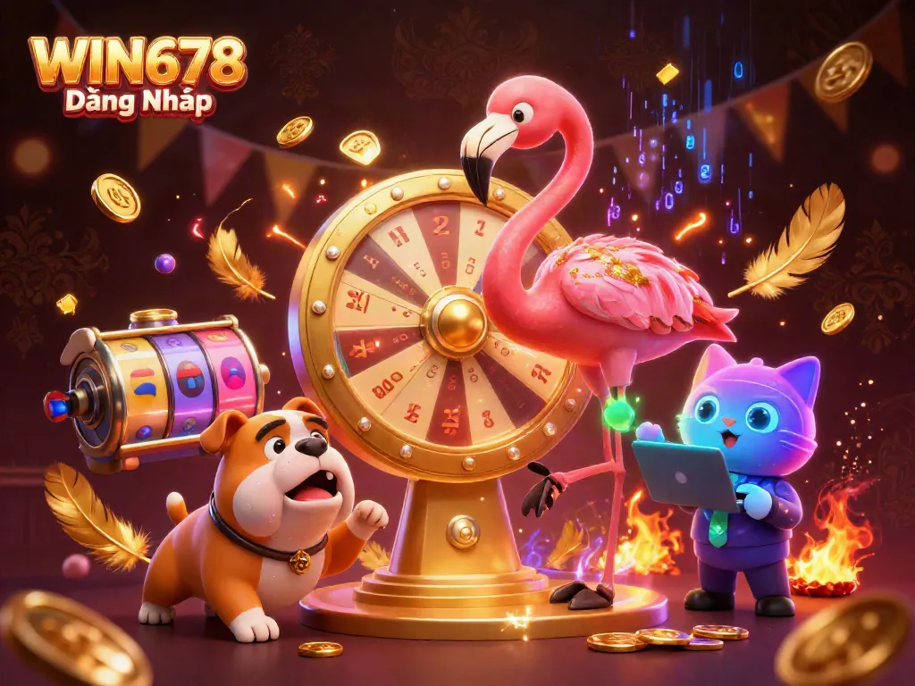 Experience the excitement of WIN678 Đăng Nhập with 3D characters, prize wheel, and vivid casino elements.
