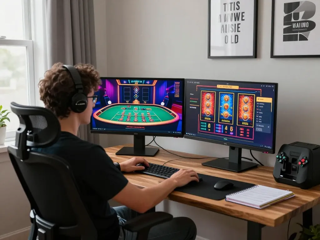 Engaging in online gambling at home with oxbet com displayed on screens, showcasing a live dealer game and slot interface