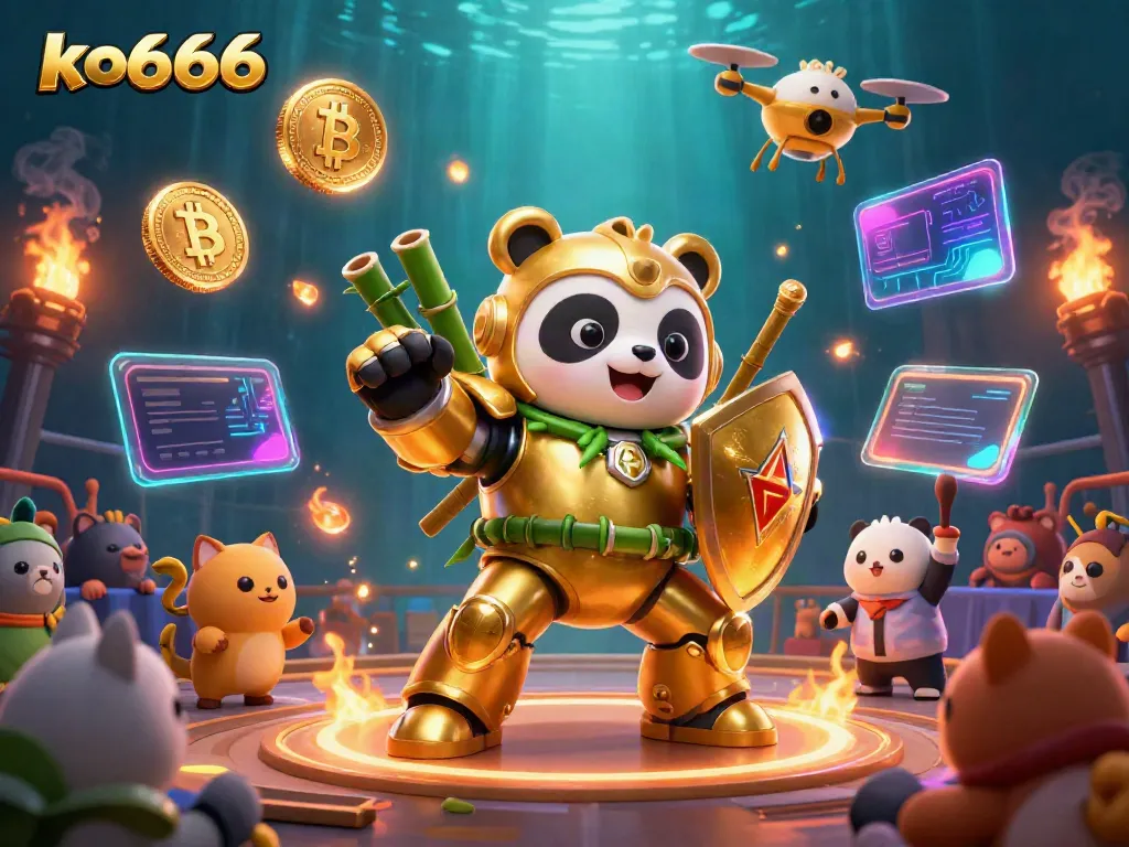 Engage in dynamic gambling action with ko666 at an Asian-inspired casino scene, featuring a golden panda mech.