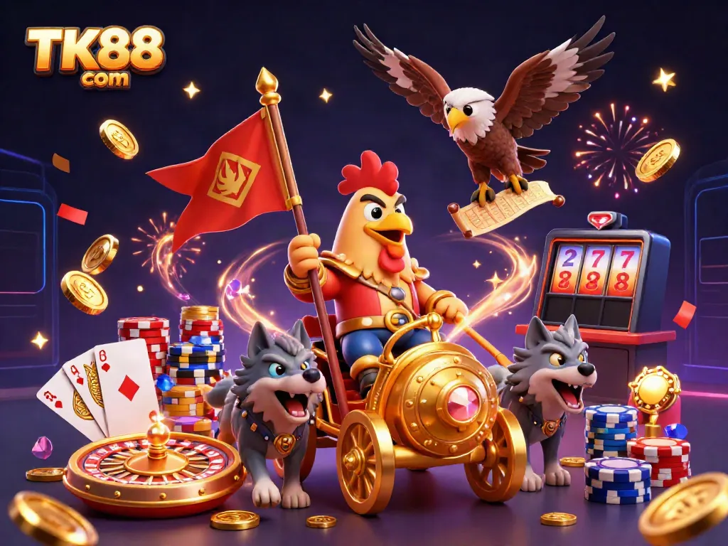 Experience the thrilling adventure at TK88 com with an epic casino illustration featuring a rooster warlord in a golden chariot.