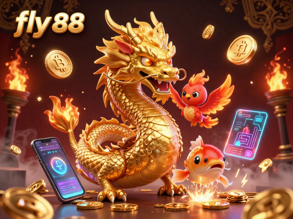 Experience thrilling wins at fly 88 with a vibrant 3D casino scene featuring a golden dragon and exciting game elements.