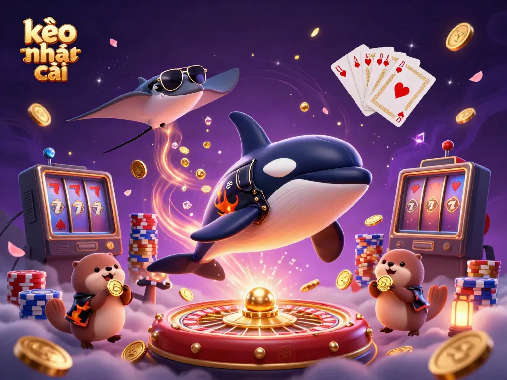 Engaging scene showcasing kèo nhà cái with cartoon characters, golden coins, and a vibrant casino atmosphere.