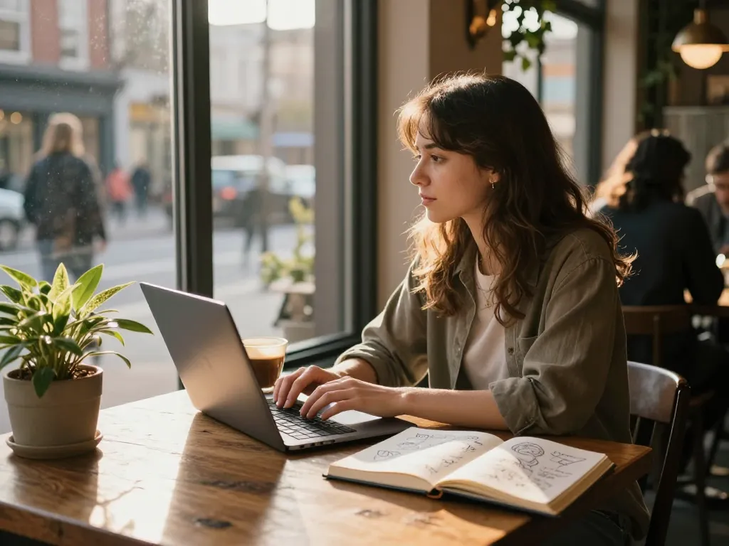 Young woman enjoying coffee and reflecting on her crush on someone in a warm urban café.