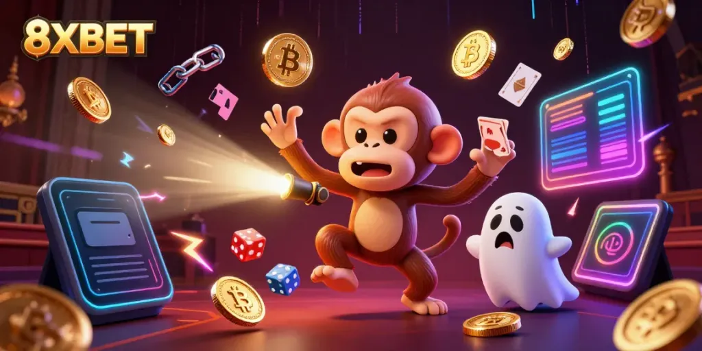Engage with 8XBET's vibrant haunted casino scene featuring a playful ghost and golden coins.