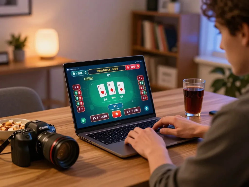 A player engages with king333 on an online poker game, showcasing strategy in a cozy home setup.